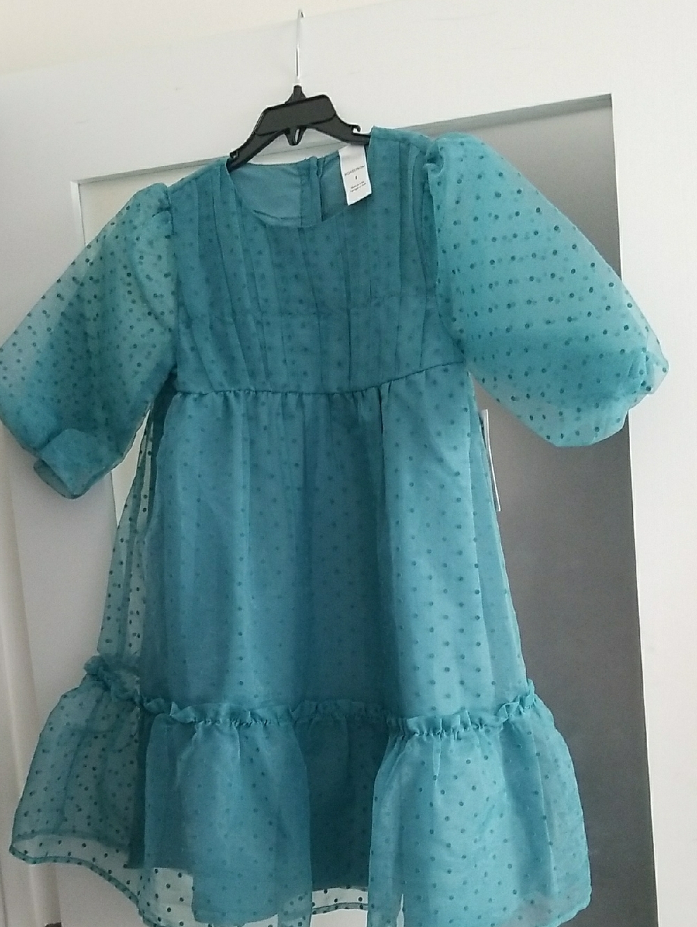 Nordstrom Brand Sheer Dot Ruffle Sleeve Dress Teal 8